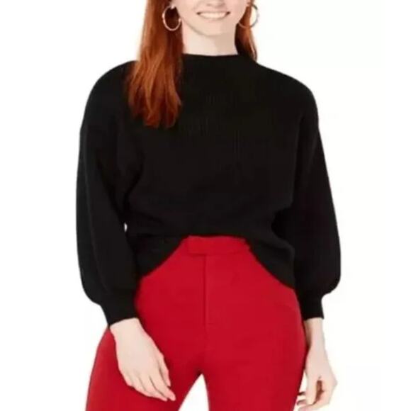 Line & Dot Rib Knit Sweater – Black Balloon Sleeve Mock Turtleneck Size Large - Picture 8 of 8